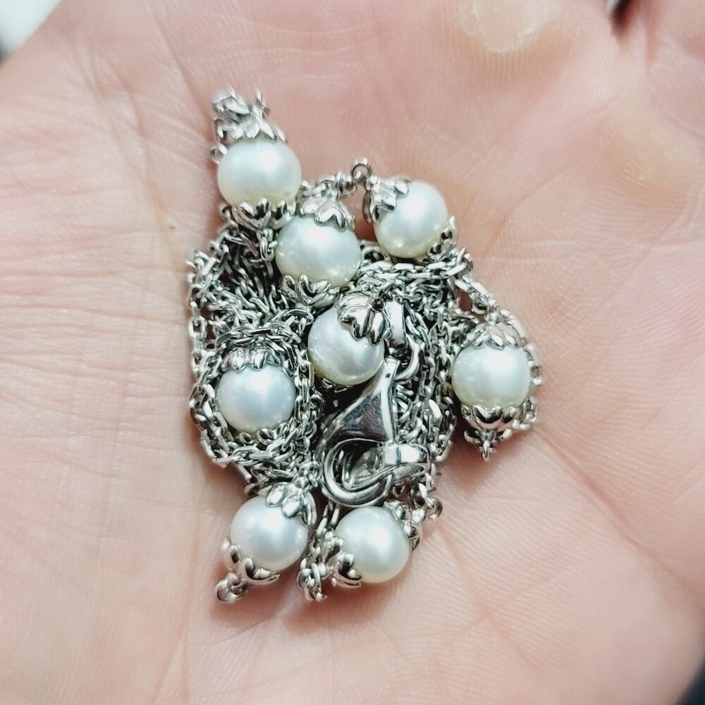 Sterling Silver Pearl Station Necklace 36" - Picture 5 of 6
